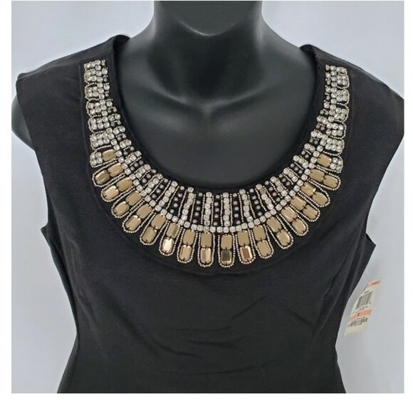 NWT Black Knee-Length Sleeveless A-Line Jeweled Bib Neckline Alfani Dress Size 2 - Picture 3 of 9